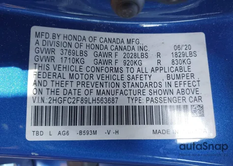 2020 Honda Civic Sport из США, поврежденный, VIN 2HGFC2F89LH563687